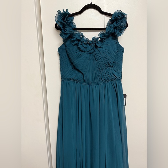 NWT Mac Duggal 11591 Teal Ruched Off The Shoulder A Line Gown Size 10 - Picture 6 of 14